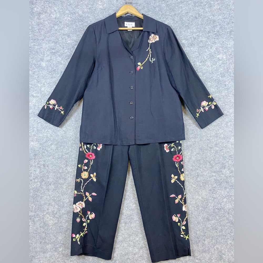 I.S.C. Linen Blend Floral Embroidered Pantsuit L Black Boho Artsy Cottagecore‎